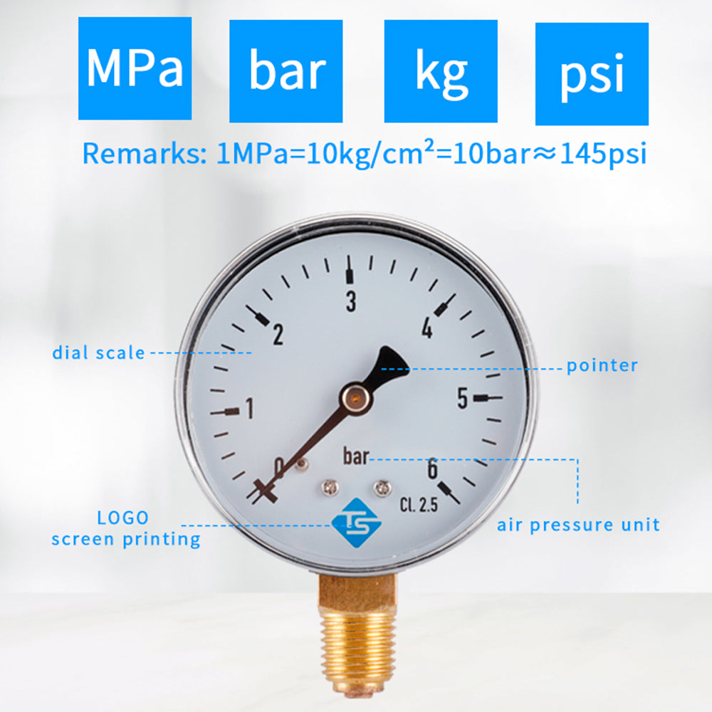 TS-60-6 60mm Large Dial Pressure Gauge 0-6 Bar Water / Gas / Air Pressure Gauge Compressor 1 / 4inch NPT Bottom Mount TS-60-6 60mm Large Dial Pressure Gauge 0-6 Bar Water / Gas / Air Pressure Gauge Compressor 1 / 4inch NPT Bottom Mount
